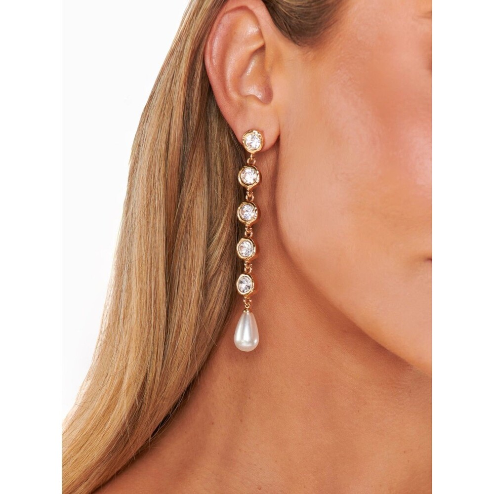 Ettika Elegantly Modern Crystal and Pearl Dangle Earrings Gold-Tone Crystal